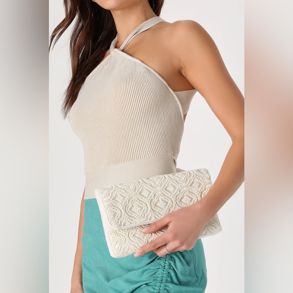 Lulus Effortlessly Glam Ivory Beaded Embroidered Clutch